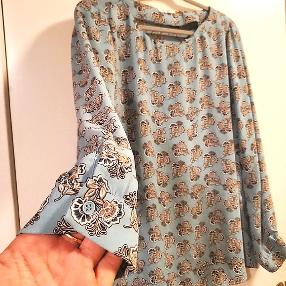 Pleione Blue and Cream Patterned Blouse